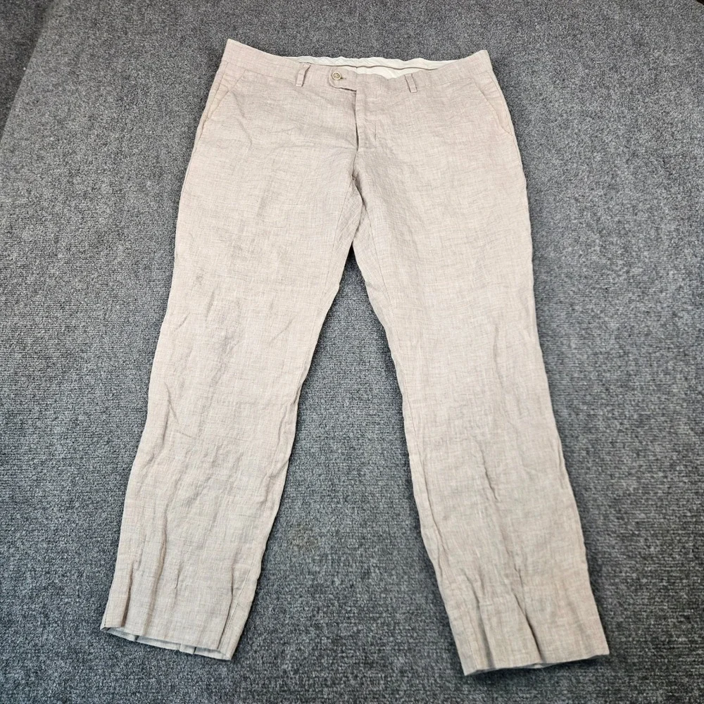 Couture 1901 Mens Tan 100% Linen Flat Front Dress Pants Trousers 36S